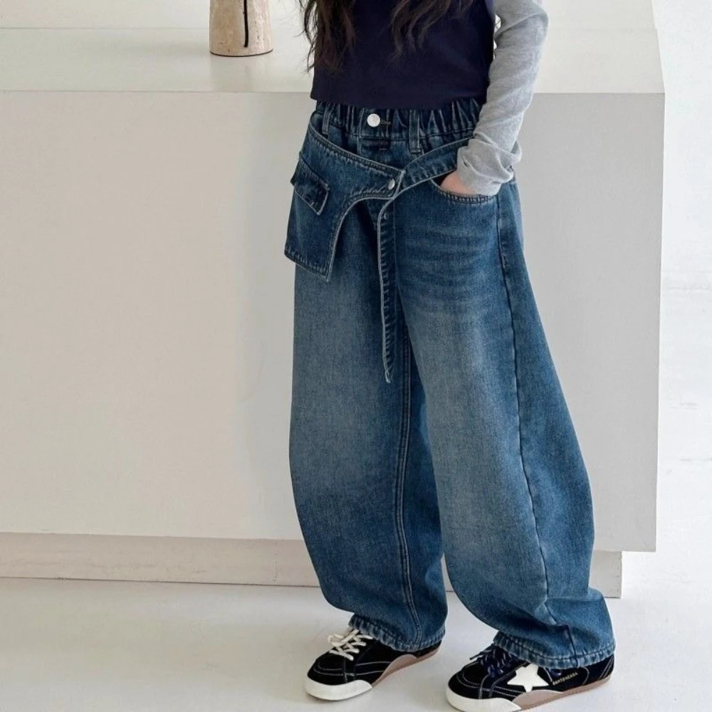 2026 Girls Fleece Lined Jeans Autumn Winter Thick Loose Denim Pants Kids Warm Casual Trousers