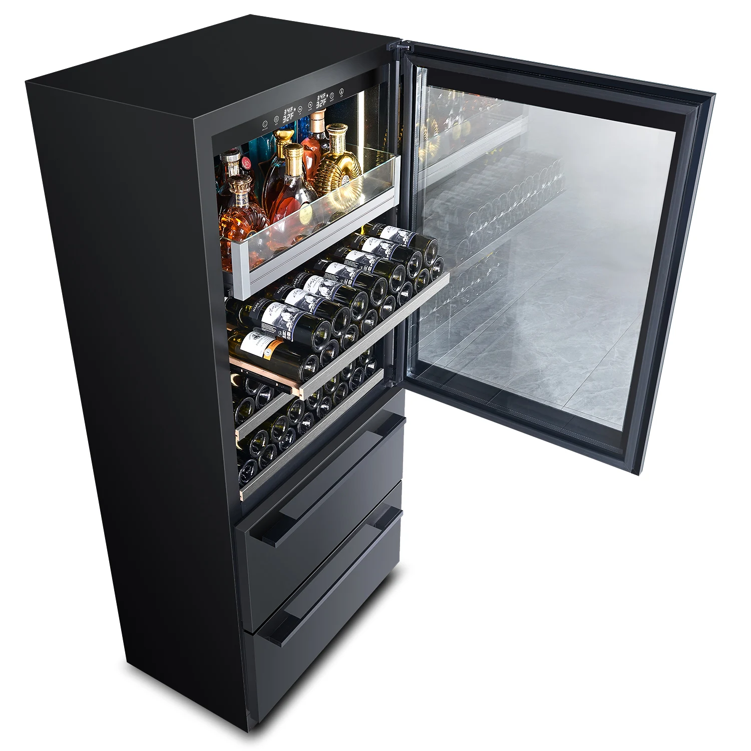 Wine Chiller 2 Beverages Drawers Combination Black Color Home Built in Wall Refrigerator with Light