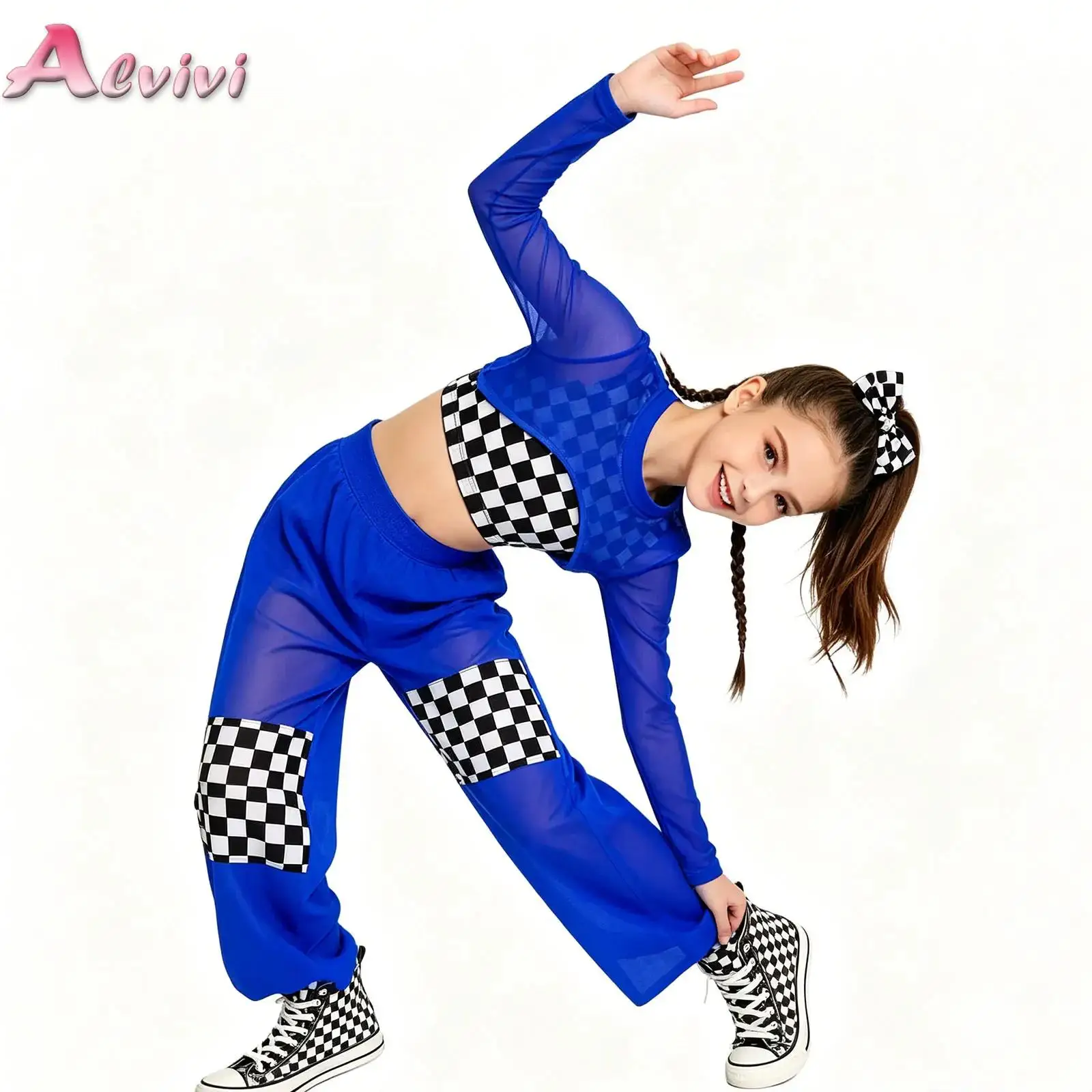 Girls Racing Suit Checkerboard Crop Top and Pants Street Dance Outfits Kids Hip Hop Jazz Clothes Set Children Streetwear Costume