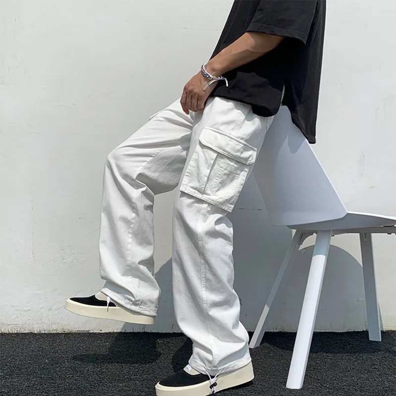 Summer KPOP Fashion Style Harajuku Slim Fit Trousers Loose All Match Casual Pants Solid Pockets Straight Cylinder Cargo Pants