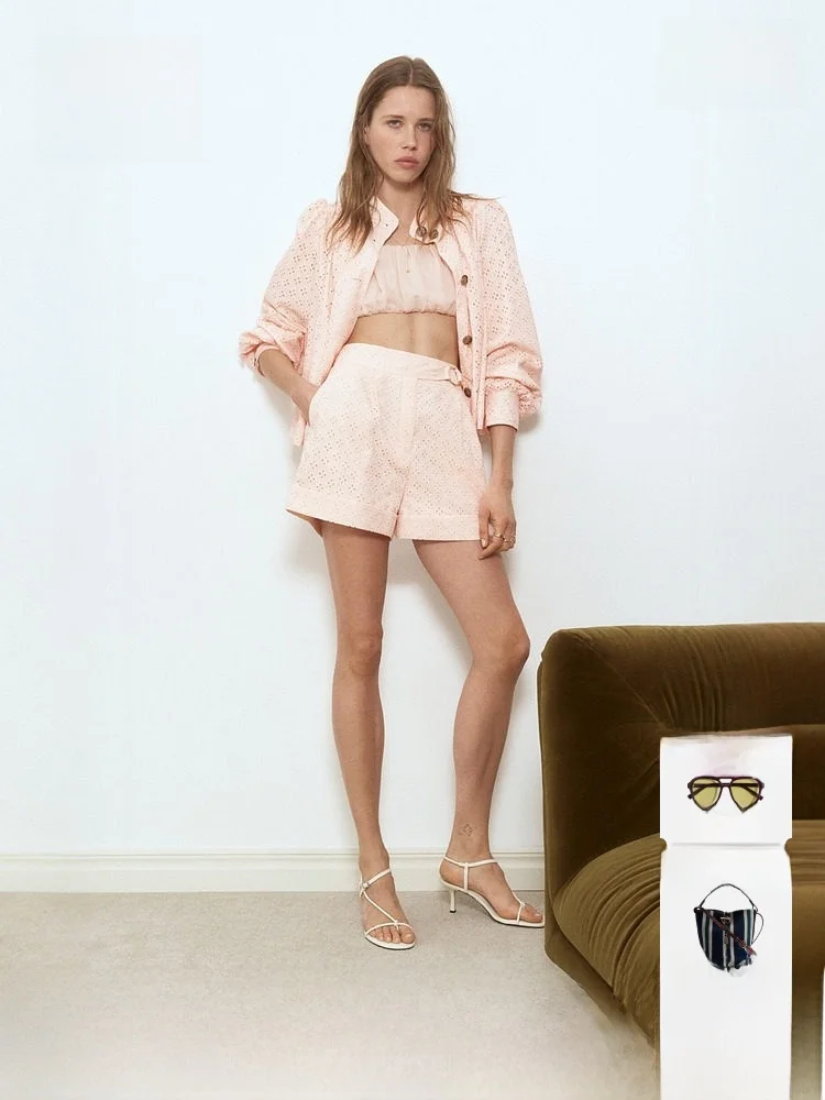 

Новые летние женские шорты H&M из 100% хлопка с вышивкой и ажурным узором, с высокой талией, повседневные, прямого кроя, модные