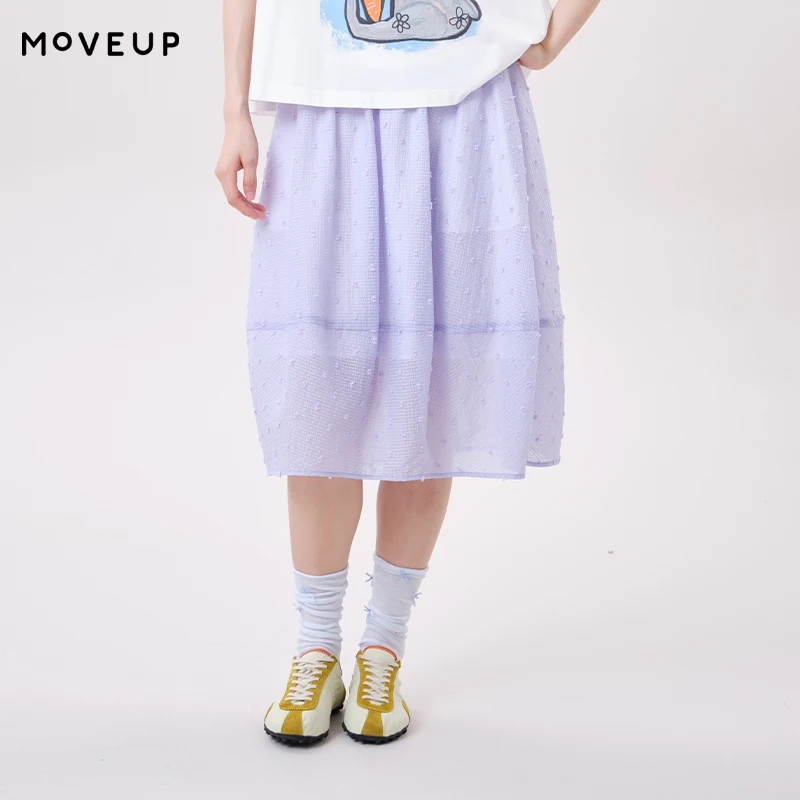MOVEUP Women's Elastic Waist Midi Skirt 2026 Summer Textured Clipped Dot Fabric Lined Chiffon Loose A-line Skirts 3ELX20635