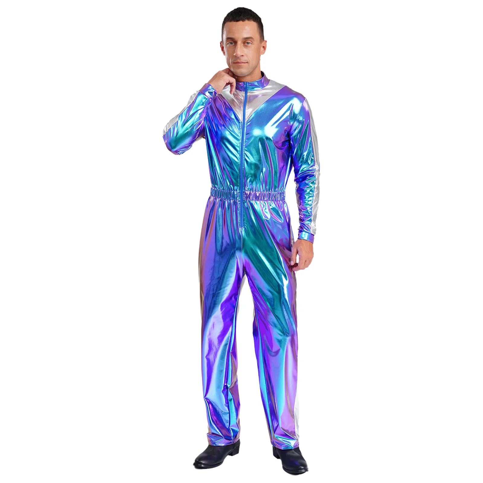 

Men Metalic Jumpsuit Sparkly Color Block Elastic Waist for Disco Ballroom Costume Rave Party Nightclub Wear Cosplay Costume