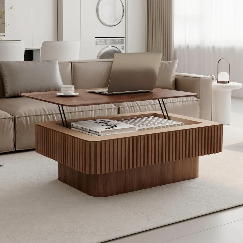 

38.6 Lift Top Coffee Table, Modern Fluted Tea Table with Hidden Storage for Living Room, Apartment or Office, Walnut