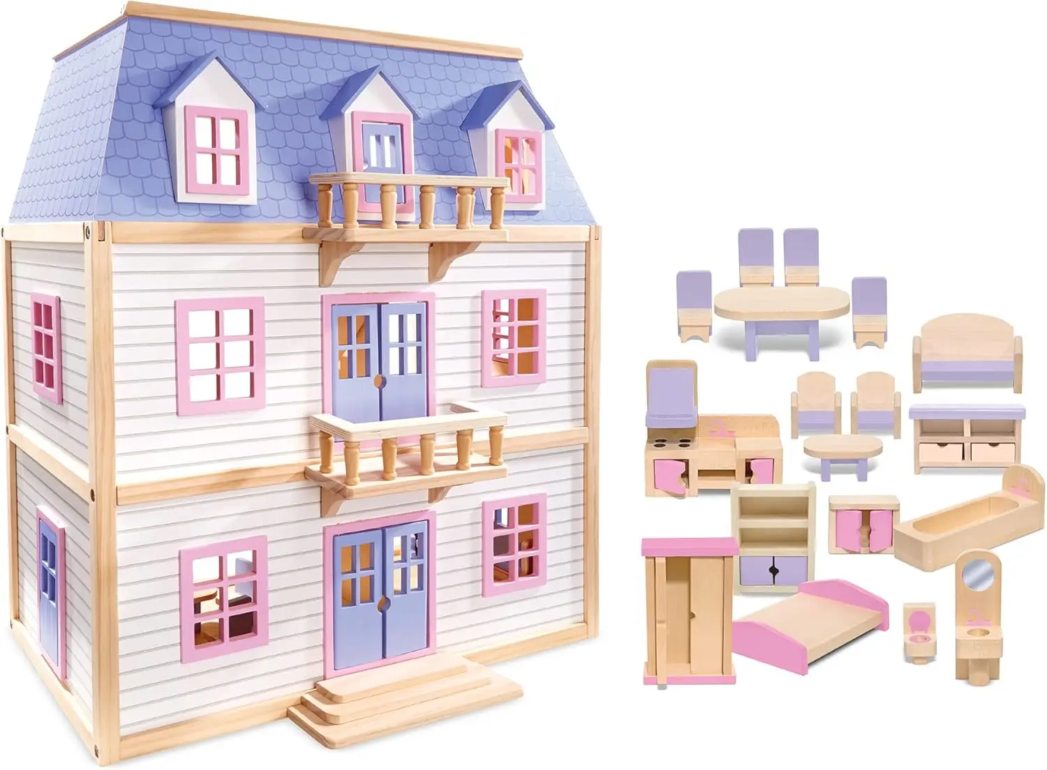 

Wooden Multi-Level Dollhouse SIOC - Wooden Multi-Story Pretend Play Dollhouse For Kids