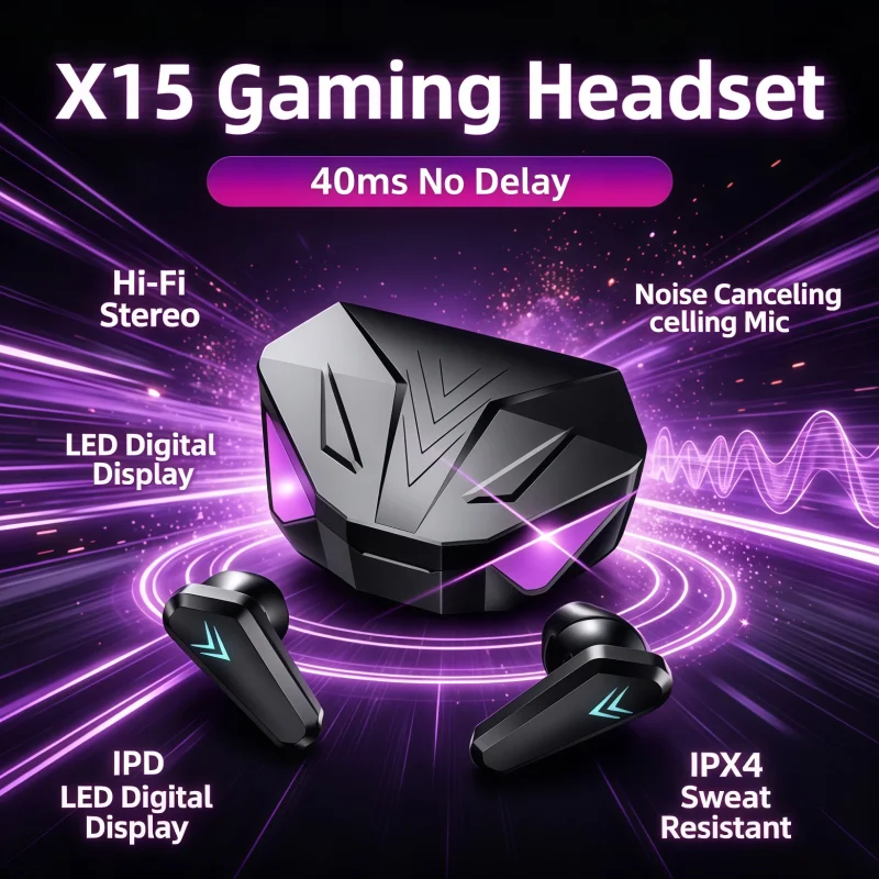 Heiße X15 Kabellose Bluetooth-Kopfhörer mit LED-Anzeige, Gamer-Ohrhörer mit Mikrofon, Kabellose Kopfhörer mit Geräuschunterdrückung, Bluetooth-Ohrhörer