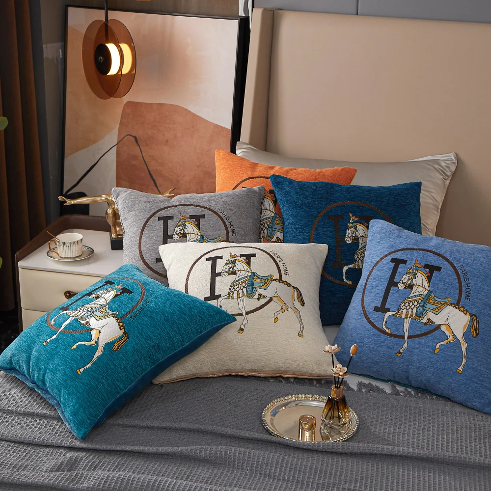 Chenille Cushion Cover 45*45cm Horse Embroidered Jacquard Pillow Case Home Decorative Letter Pillowcase Office Sofa Pillow Cover