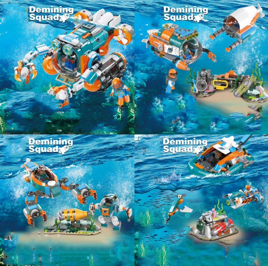 STEM Ocean Exploration Submarine Building Blocks, Demining Squad Bricks Set with Working Claws, Educational Assembly Toy for Kid