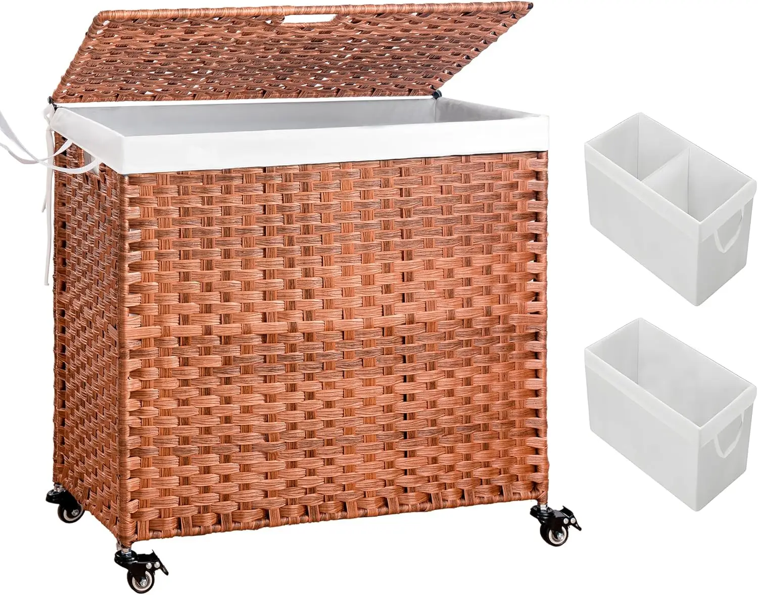 

Корзина для белья на 160 литров с крышкой и колесами, 2 секции, плетеная корзина с съемными мешками и ручками для спальни и ванной комнаты