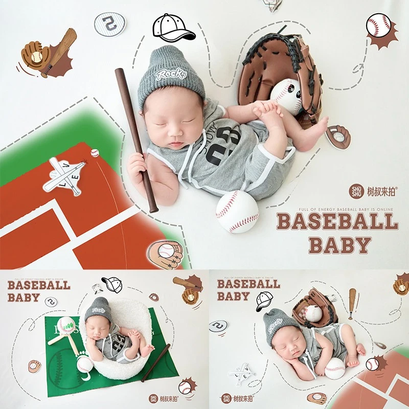 Newborn Photography Props Baseball Theme Set Outfit with Gloves Mini Poster Decors for Studio Photoshoot Accessories