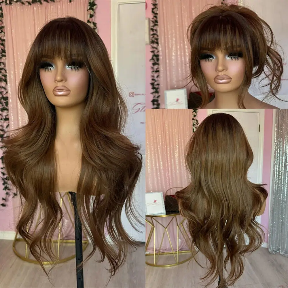 

Ombre Swiss Lace Dark Chestnut Brown HD Lace Front Wig High Quality Wig Long Body Wave 26"Synthetic Wigs With Bangs Glueless Wig