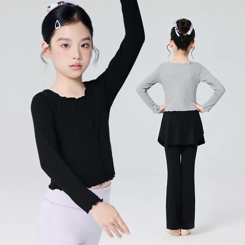 Kid Girls Ballet Tops Soft Winter Dance Costumes Ruffled Collar Long Sleeves Blousers Children Casual Tee Sweet Shirts