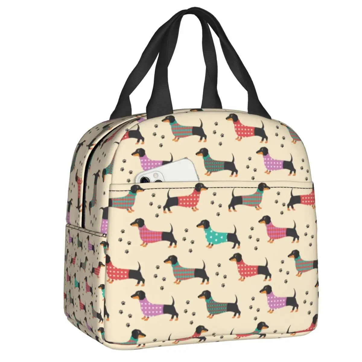 Custom Cartoon Dachshund Dog Pattern Insulated Lunch Bag for Women Waterproof Cooler Thermal Lunch Box Beach Camping Travel