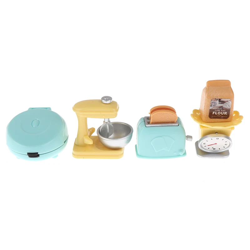 Mini máquina de pan para casa de muñecas, tostadora, batidora, plato de pesaje, cuchillo de cocina, cubo de basura, juego de cocina para coche y comedor, 1:12