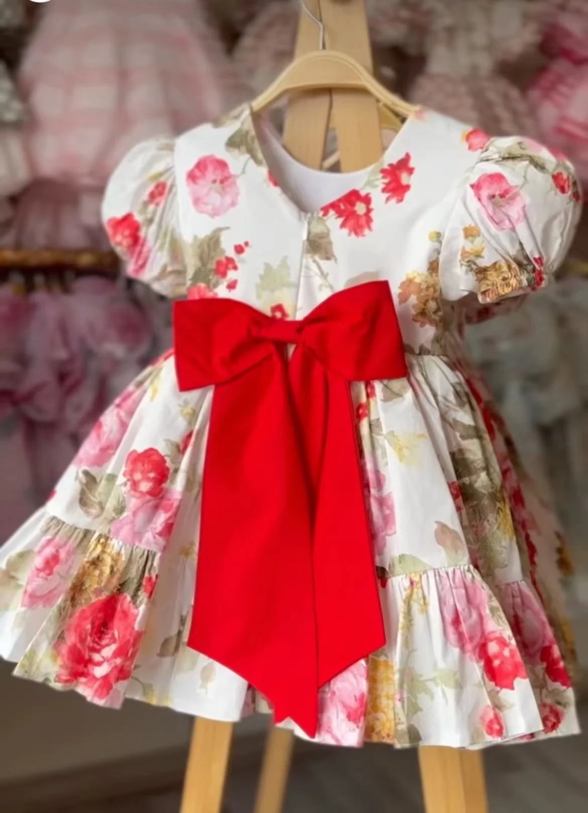 

0-12Y Baby Girl Summer Red Rose Floral Turkish Vintage Lolita Princess Ball Gown Dress for Birthday Holiday Casual Eid