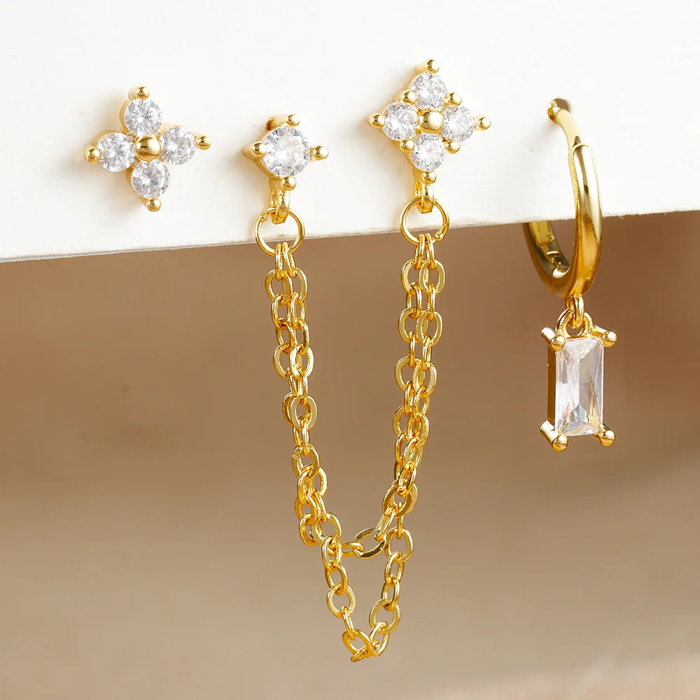 3PCS Trendy Cubic Zirconia Flower Tassel Chain Stud Earrings Set for Women Tiny Geometric Crystal Multiple Ear Piercing Huggies