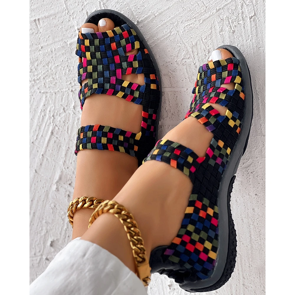 Fashion Women Colorblock Hollow Out Sandals Slip-on Summer Casual Peep Toe Flats Korean Style Going Out Knitted Soft Shoes
