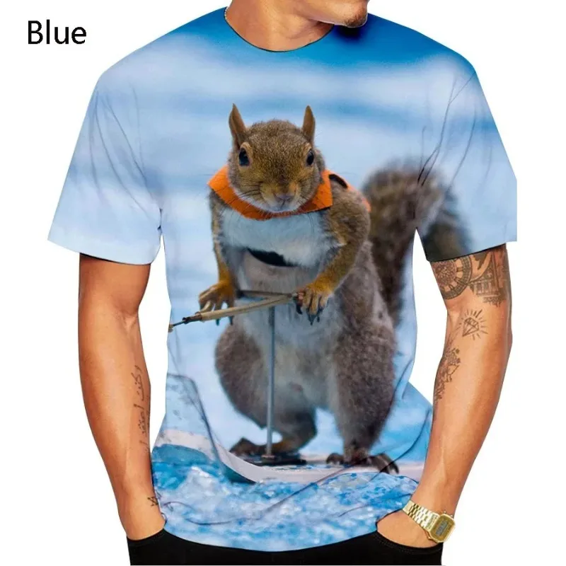 Summer New Men Woman Funny Short-Sleeved Couple Hipster T-Shirt Fashion Casual Design 3D Print Squirrel Weightlifting T-Shirt