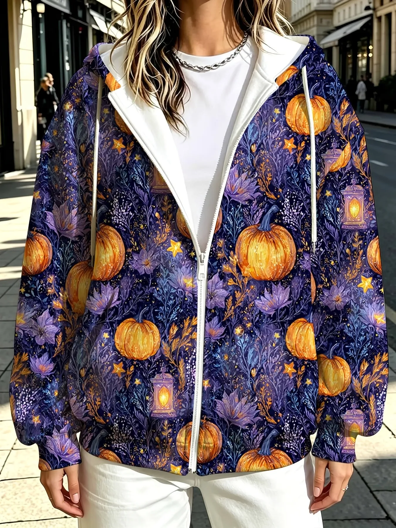2026 autumn and winter new style women's zipper hooded sweater with 3D pumpkin pattern print street casual and comfortable