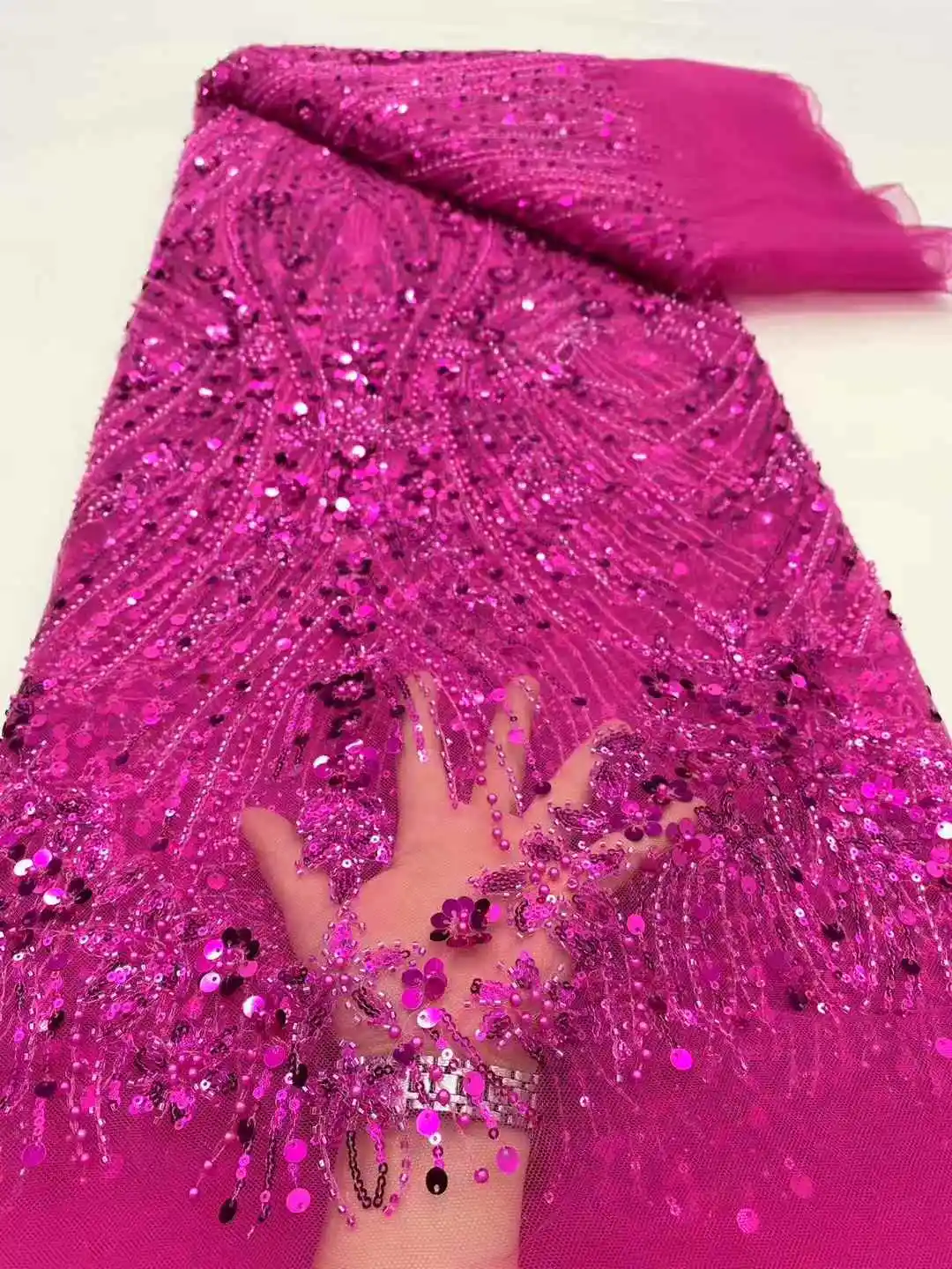 

2025 African French Nigerian High End Tulle Lace Fabric With Beads Sequins Mesh for Embroidery Wedding Party Bride Sewing Dress