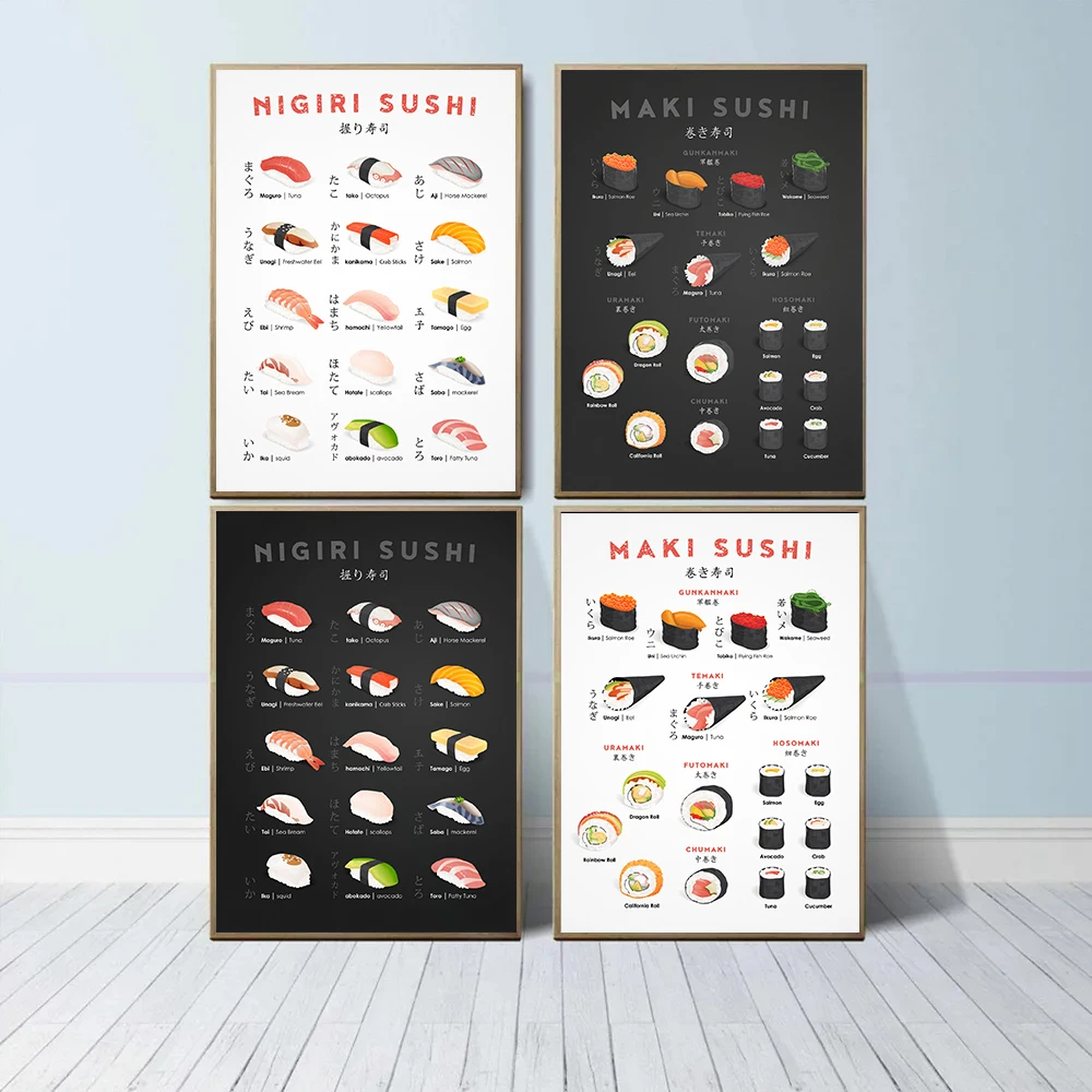 Japanese Food Sushi Recipe Guide Maki/Nigiri Sushi Seafood Poster Canvas Painting Wall Art Pictures Kitchen Home Shop Decor