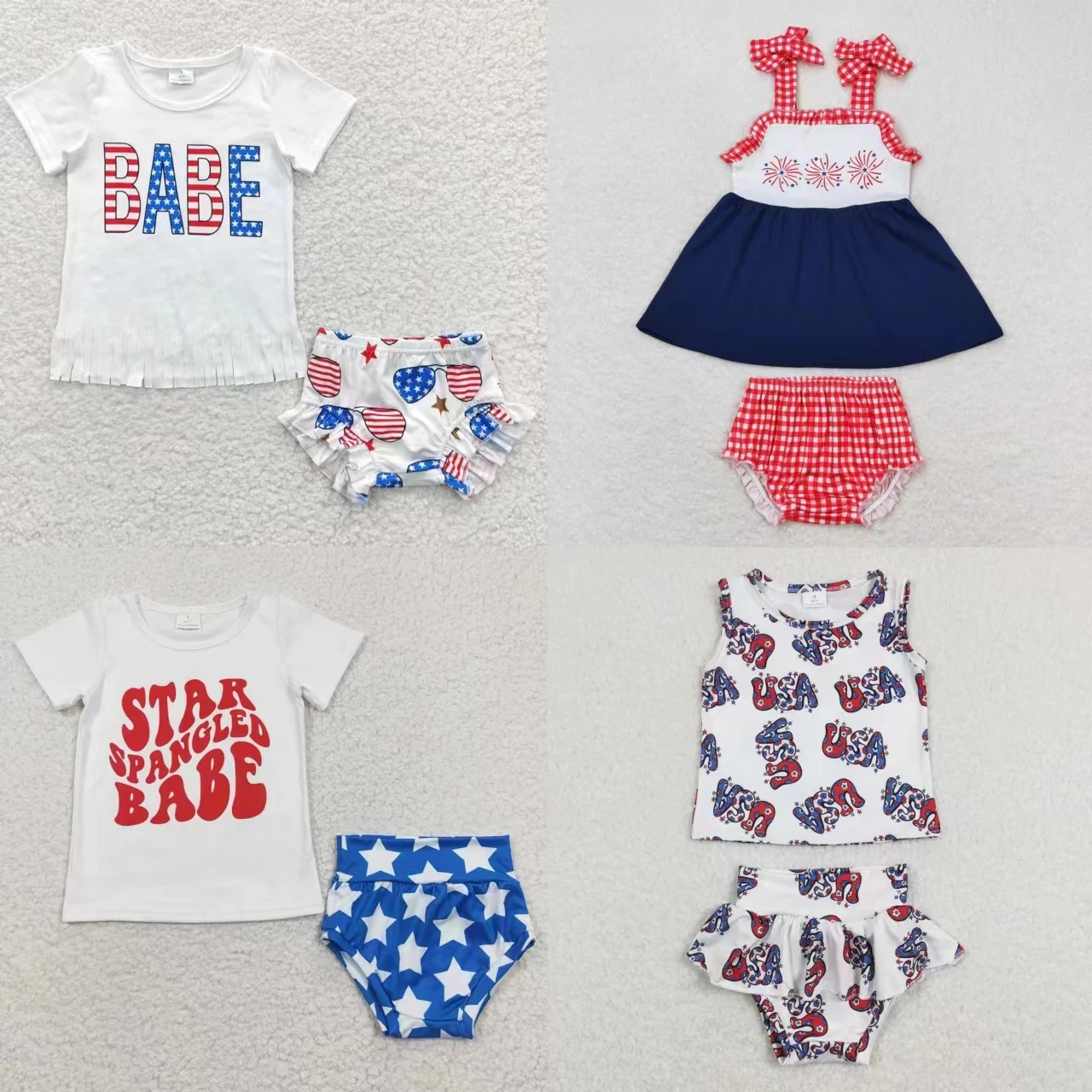 

Wholesale Newborn Short Sleeves Shirt Shorts Toddler Bummies Children Summer Two Pieces Stars July 4th Baby Girl Set Outfit