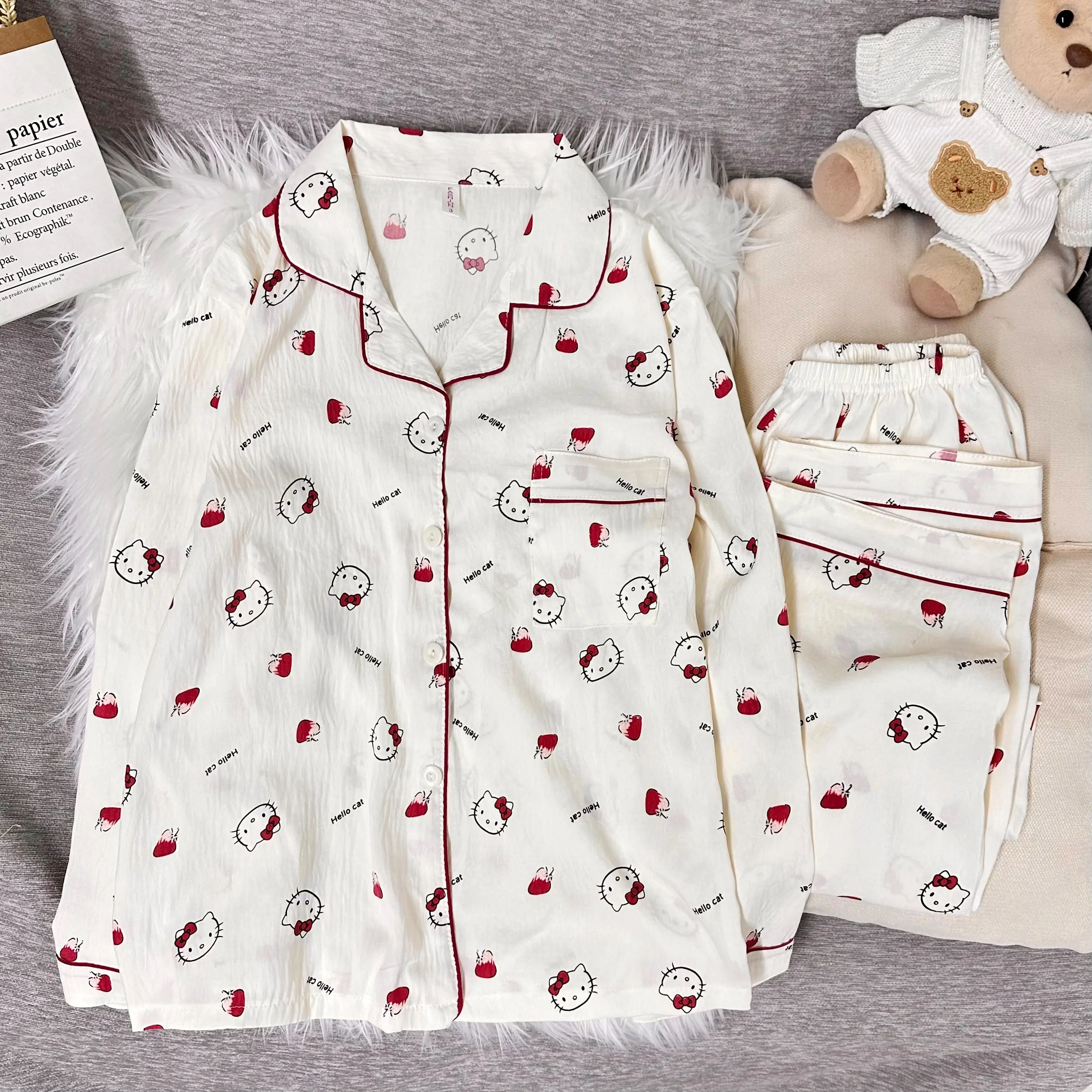 Conjunto de pijama japonés Kawaii de Hello Kitty, ropa de dormir suave de manga larga para mujer, traje para casa, ropa de dormir para primavera y otoño ​