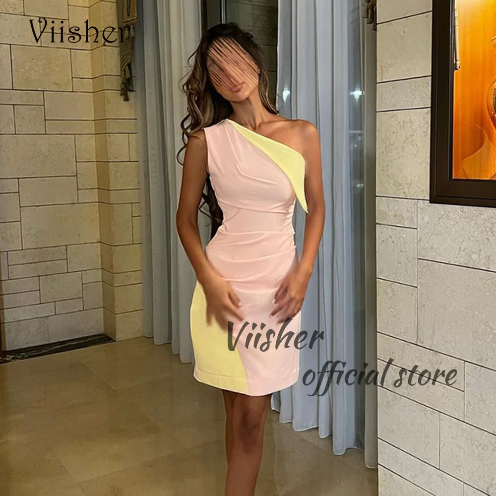 Viisher Short One Shoulder Prom Party Dresses One Shoulder Pleats Satin Evening Party Gowns Dubai Arabic Outfits Formal Dress