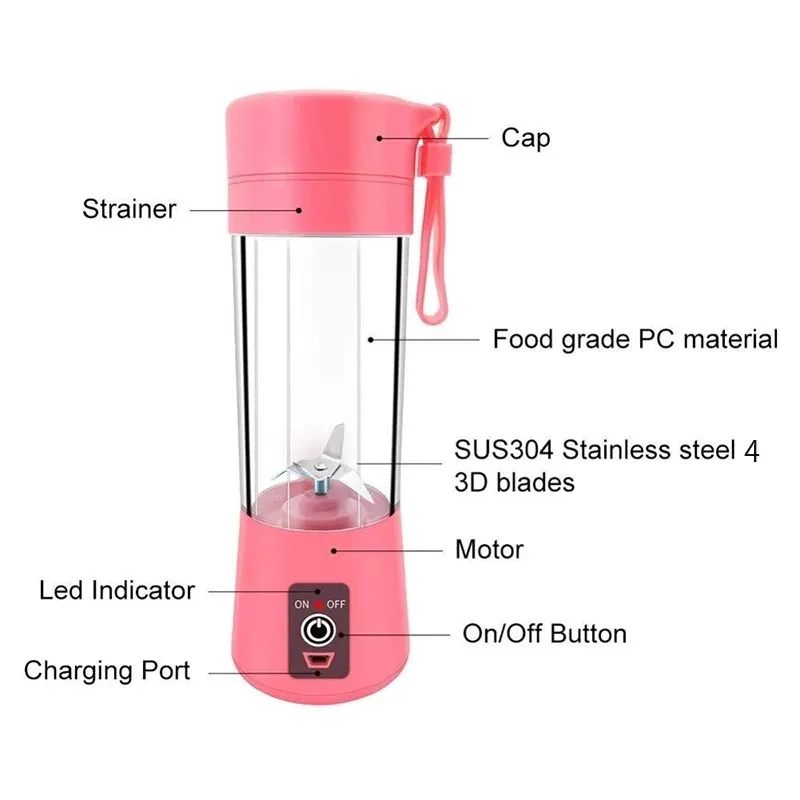 380ml 6 Blades Portable Electric Fruit Juicer Home USB Rechargeable Smoothie Maker Blenders Machine Sports Bottle Juicing Cup