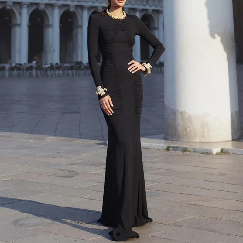 

Elegant French Style Women's Evening Dress round Neck Long Sleeve Hip Hugging Figure Enhancing Gown for Special Occasions