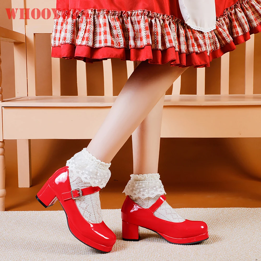 

Новые милые черно-белые женские повседневные туфли-лодочки, милые 2-дюймовые школьные женские модельные туфли на среднем квадратном каблуке, маленький большой размер 30 46 48