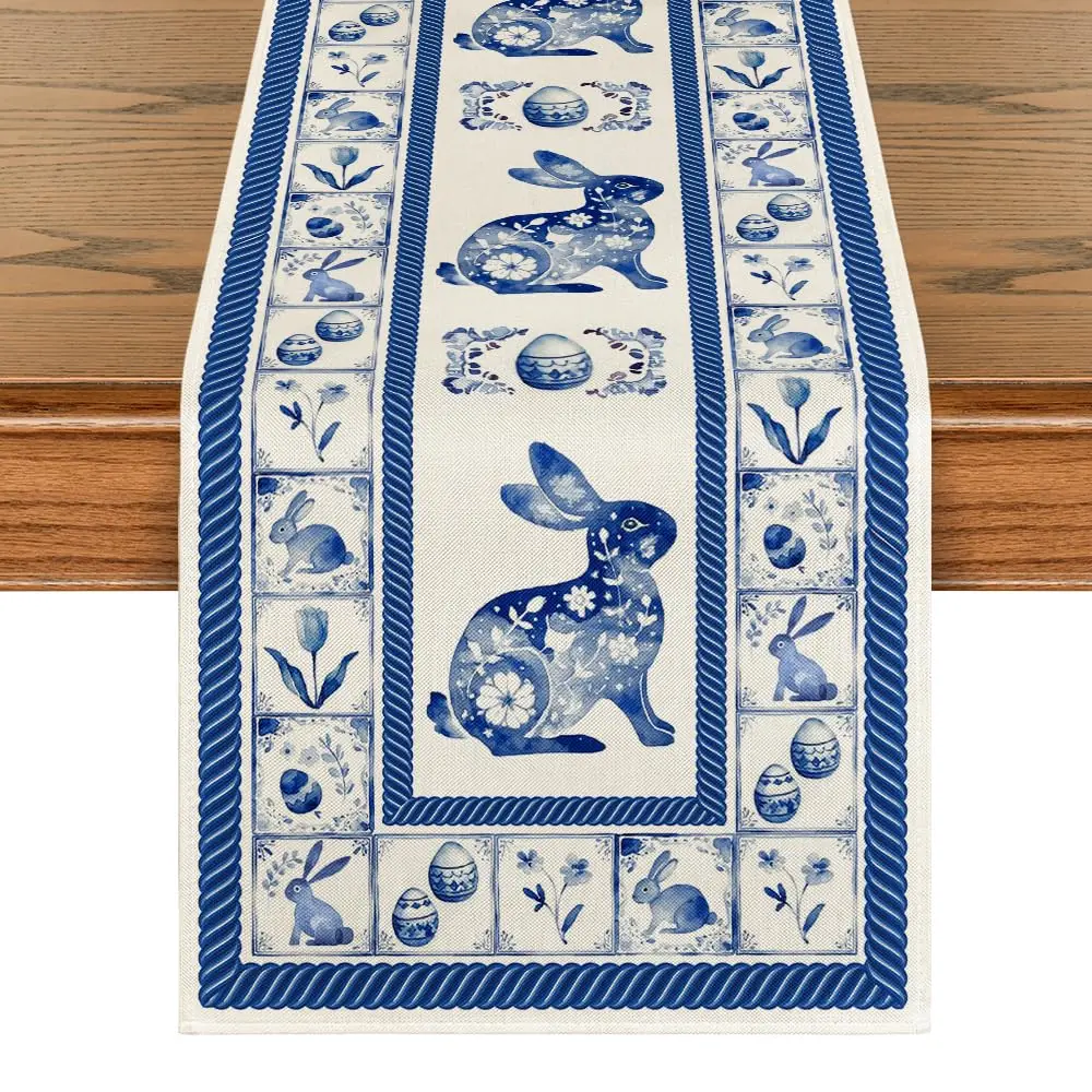 Blue and White Porcelain Bunny Rabbit Egg Easter Table Runner,Seasonal Kitchen Dining Table Decoration for Home Party Decor