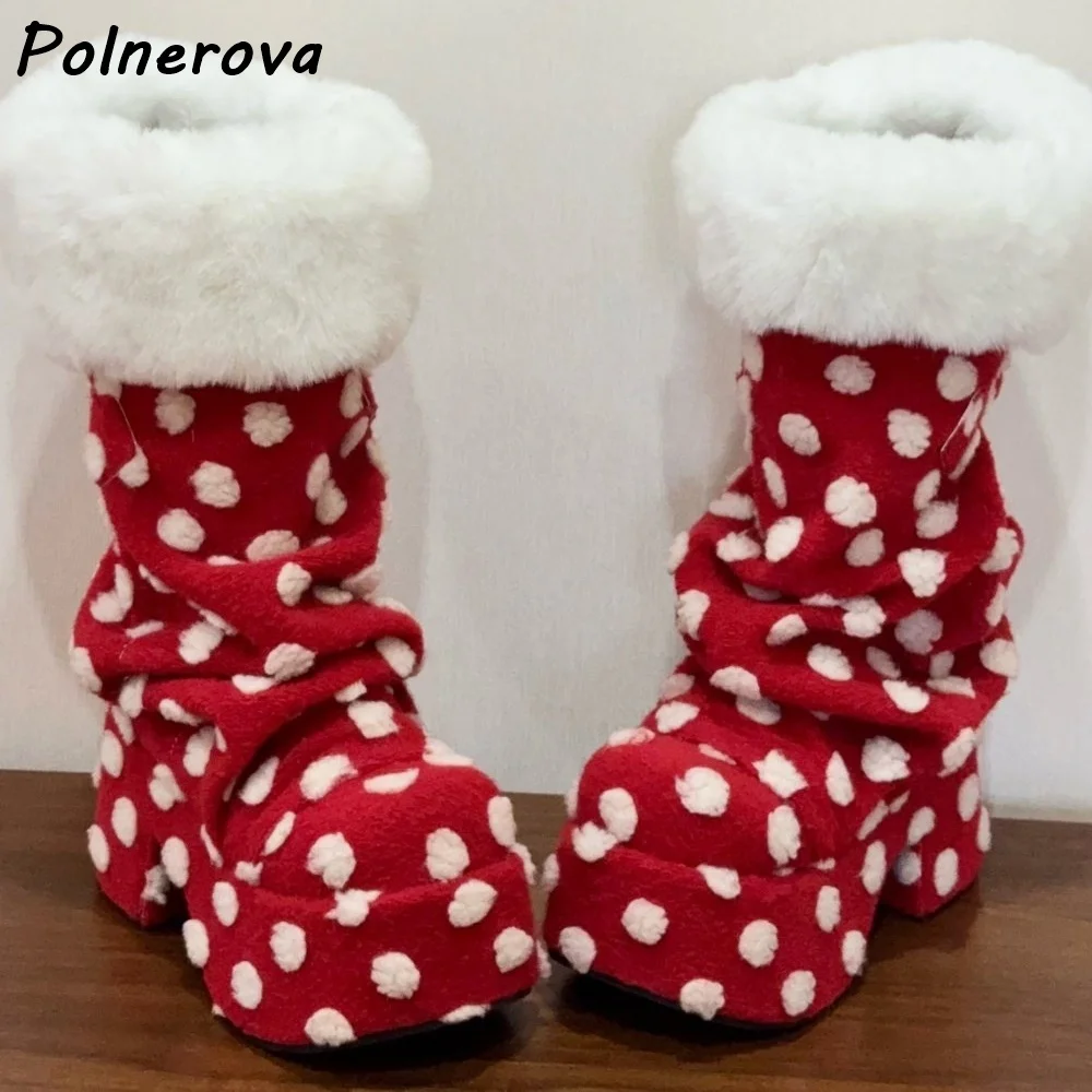 

Красные с белым в горошек зимние теплые ботильоны на платформе с массивным каблуком, плиссированные, с круглым носком, милые женские зимние туфли с ремешком на пряжке