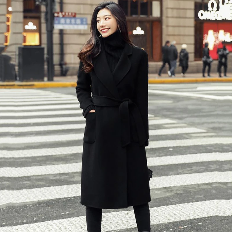 

Cashmere Wool Coat Women Casaco Loose Belt Length Casual Wool Jacket Outerwear New Autumn Winter Woolen Jacket Female Overcoat