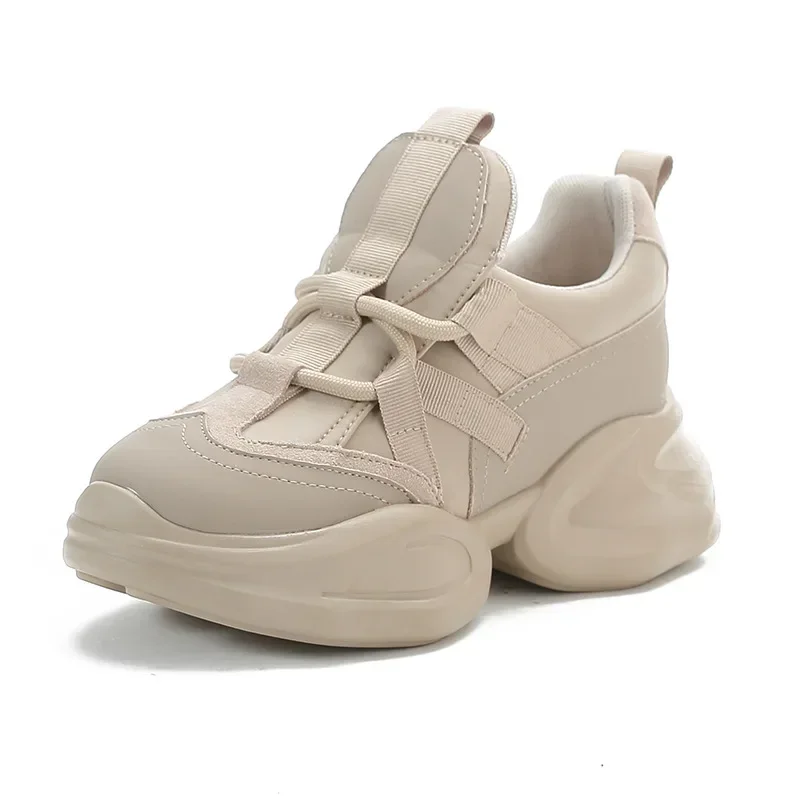

8CM New Genuine Leather Women Summer Hollow Air Mesh Platform Wedge Chunky Sneakers Autumn Spring Fashion Lace-up Casual Shoes