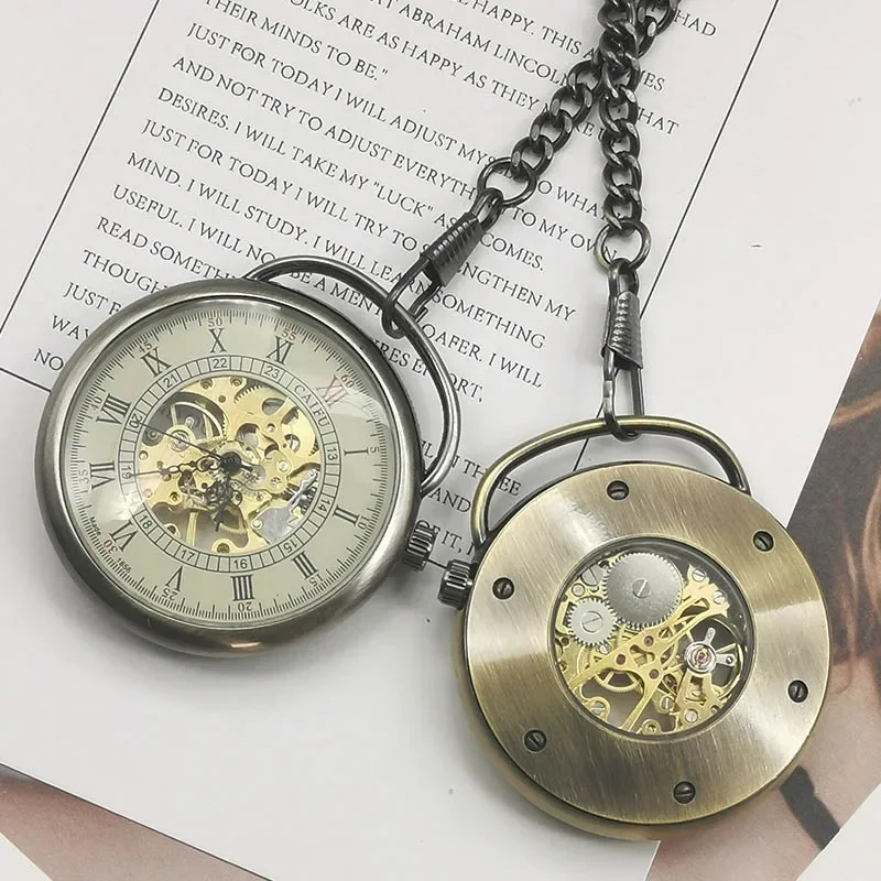 Top Brand Luxury Vintage Watch Necklace Skeleton Dial Mechanical Fob Pocket Watch Clock Pendant Men Women Chain Best Gift