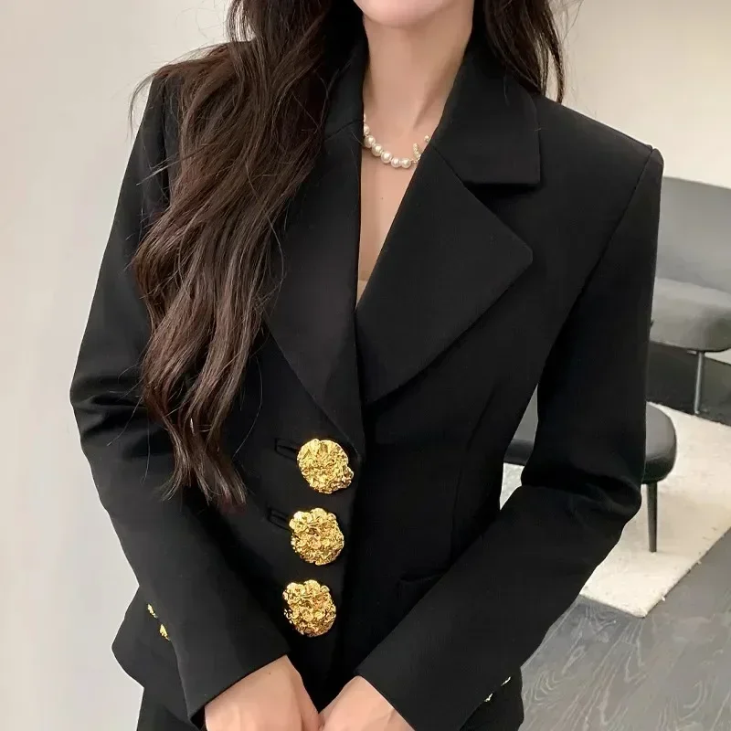 Plus Size 2024 New Fashion All Season Office Womens Full Sleeve Big Gold Metal Button Pockets Slim Casual Black Blazer Coat