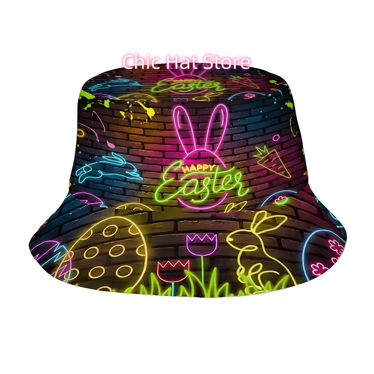 ()1pcs Happy Easter, Neon Bunnies and Easter Egg Patterns Unisex Printed Fisherman Hat, Stylish Hat with Fun Personality, Outdoo
