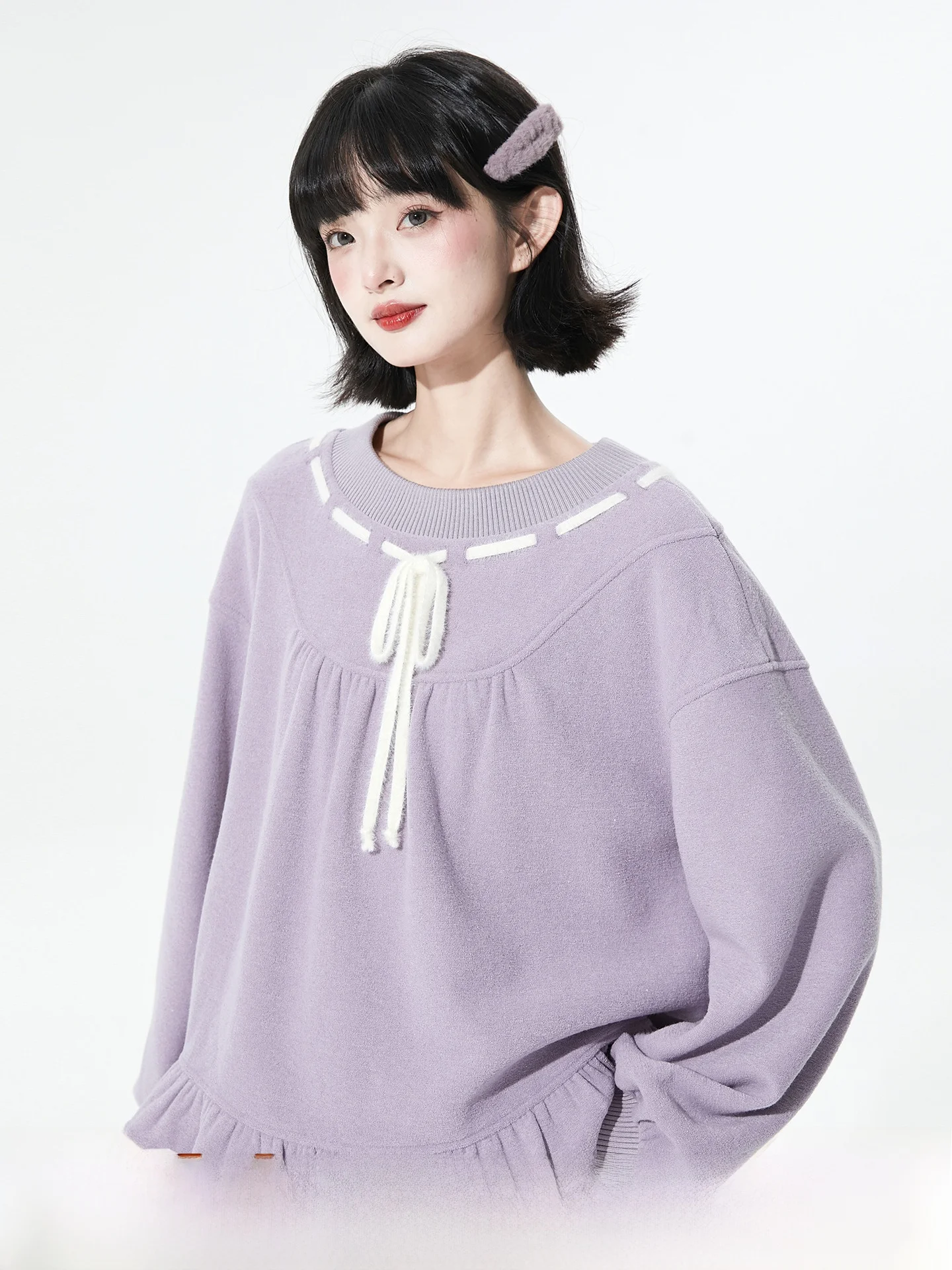 

Light Purple Fce Lined Thiened Knitted Top with Wood ain Original Design Early Autumn Women's Sweet Sle Loose Fit