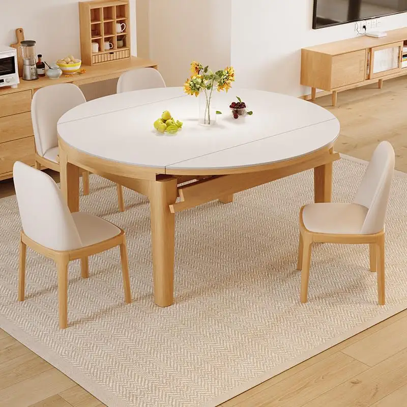 Slate dining table and chair combination household variable round table solid wood, small retractable dining table