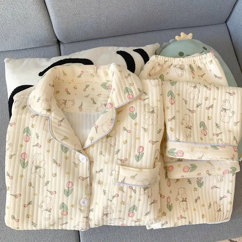 

Korean version Solid Color pajamas Women's autumn winter long sleeves pants thicken cardigan sweet Comfortable homewear suit