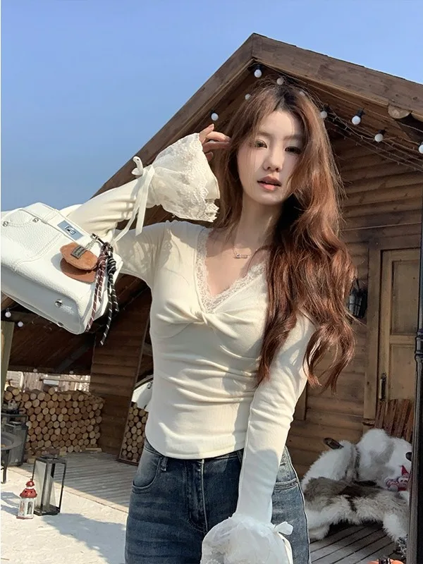 

plus Size Women's Sweet Sle Lace Trim V-Ne Knot Sve T-irt Slim Fit Autumn New High Waist Faionable Long Sve Top