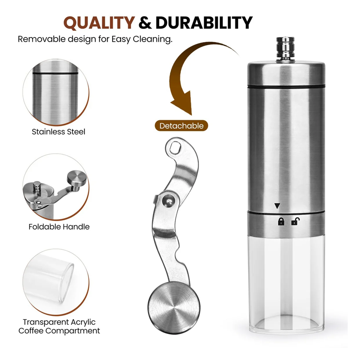 Manual Coffee Grinder,Stainless Steel Hand Coffee Grinder Manual with Foldable Handle,Adjustable Coffee Bean Grinder