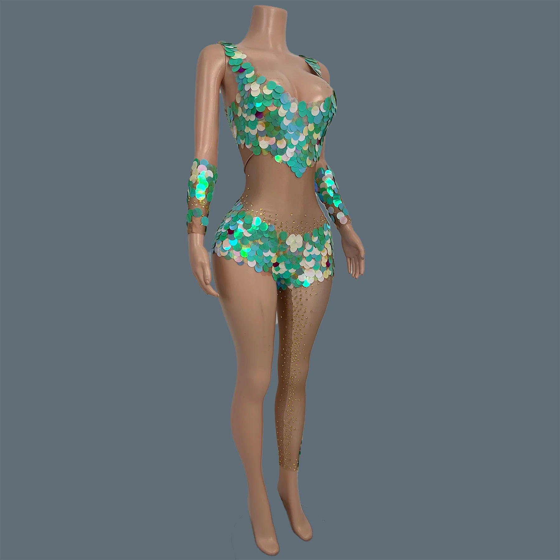 Designer Sparkly Sequins One Leg Jumpsuit Club Showgirl Stage Performance Wear Event Dance Show Streamer Bodysuit Renyudantuiku view 3