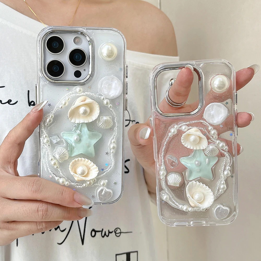 Niedliche 3D-Handyhülle mit Seestern, Schleife und Muschel für iPhone 18 17 16 15 14 13 12 11 Pro Max, glitzernde Pailletten, stoßfeste weiche Silikonhülle – Detail 1
