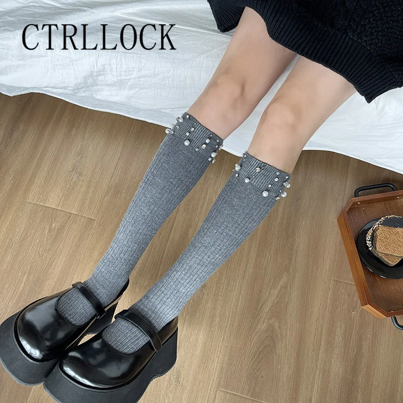 Elegant Handmade Sequined Pearl Fashion Middle Tube Socks Women Striped Solid Color Socks