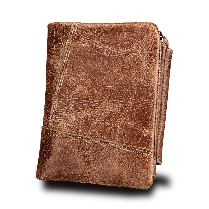 Man Short Wallet New Crazy Horse Leather Men's Wallet Genuine Leather Short Anti-RFID Zipper Wallet For Men And Women