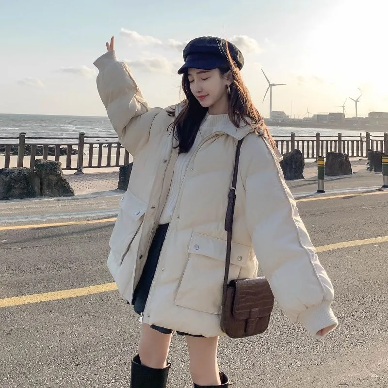 

Hooded Parkas Jacket 2023 New Women Down Cotton Coat Winter Jacket Female Short Versatile Parkas Loose Thick Outwear Solid Color