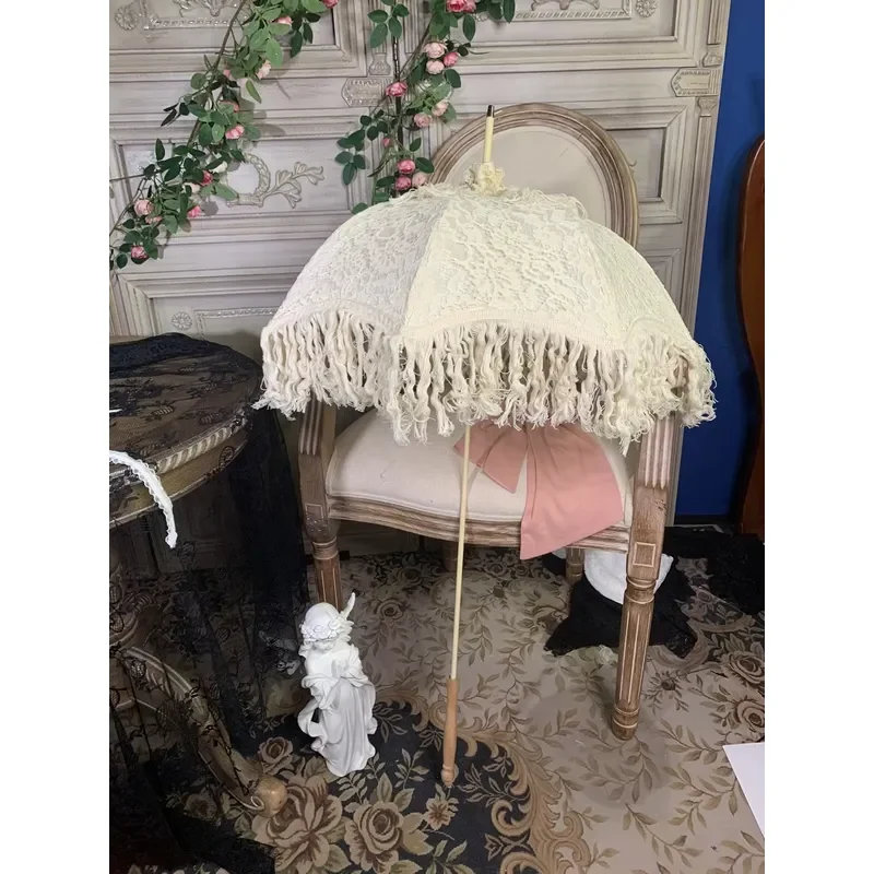 Victorian Lace Parasol Vintage Handmade Long Handle Umbrella Fringed Sunshade for Wedding Photography Lolita Style Accessory