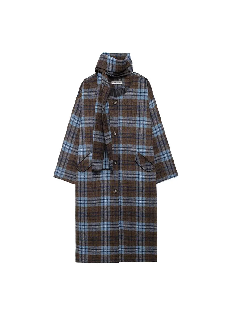 2024 herbst/Winter Europäischen Stil Damen Retro Casual Schal Kragen Blau Plaid Woolen Langen Mantel